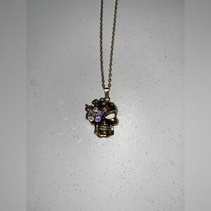 Gold Tone Skull Pendant Necklace with Crystal Iridescent Accents
